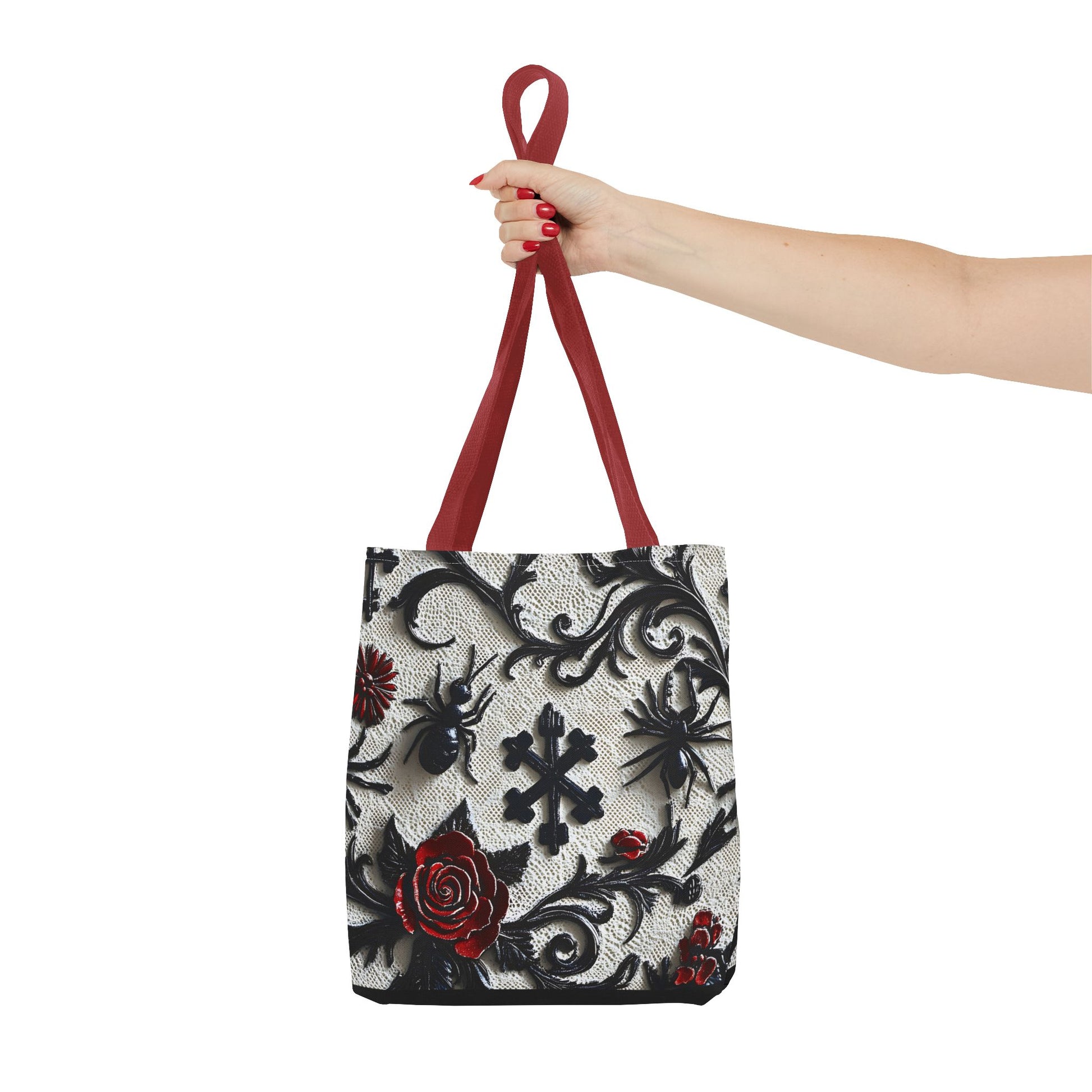 Gothic filigree tote bag with ornate dark floral all-over print, stylish bags by Printify featuring intricate design details.
