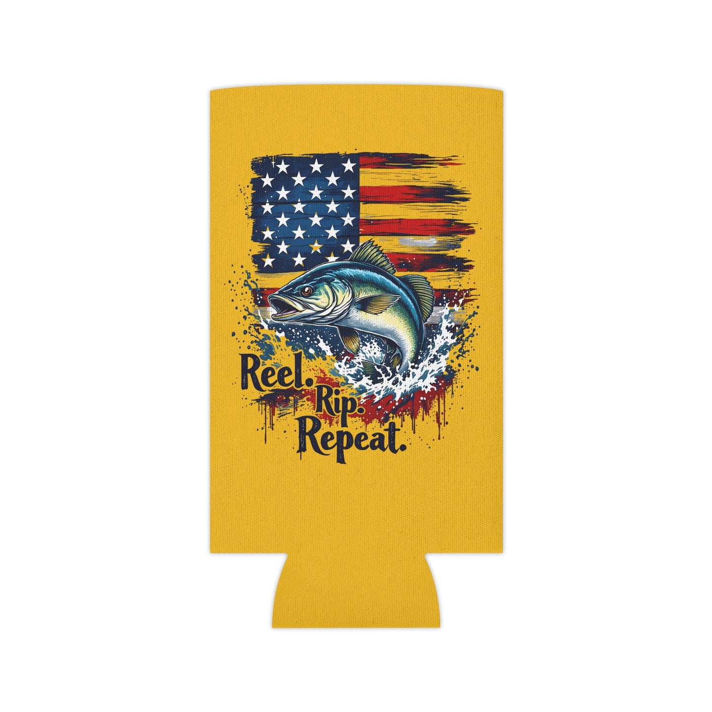 Can Cooler — "Reel, Rip, Repeat" American Flag Jumping Fish - Ramshackle Shack