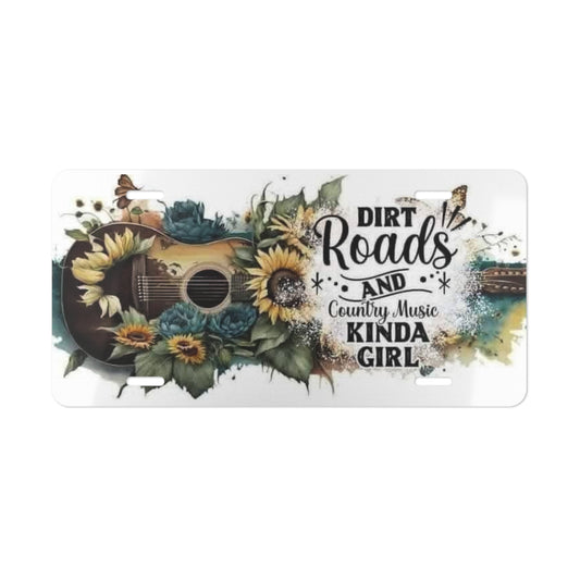 Vanity Plate — “Dirt Roads and Country Music Kinda Girl” Guitar & Sunflower License Plate - Ramshackle Shack