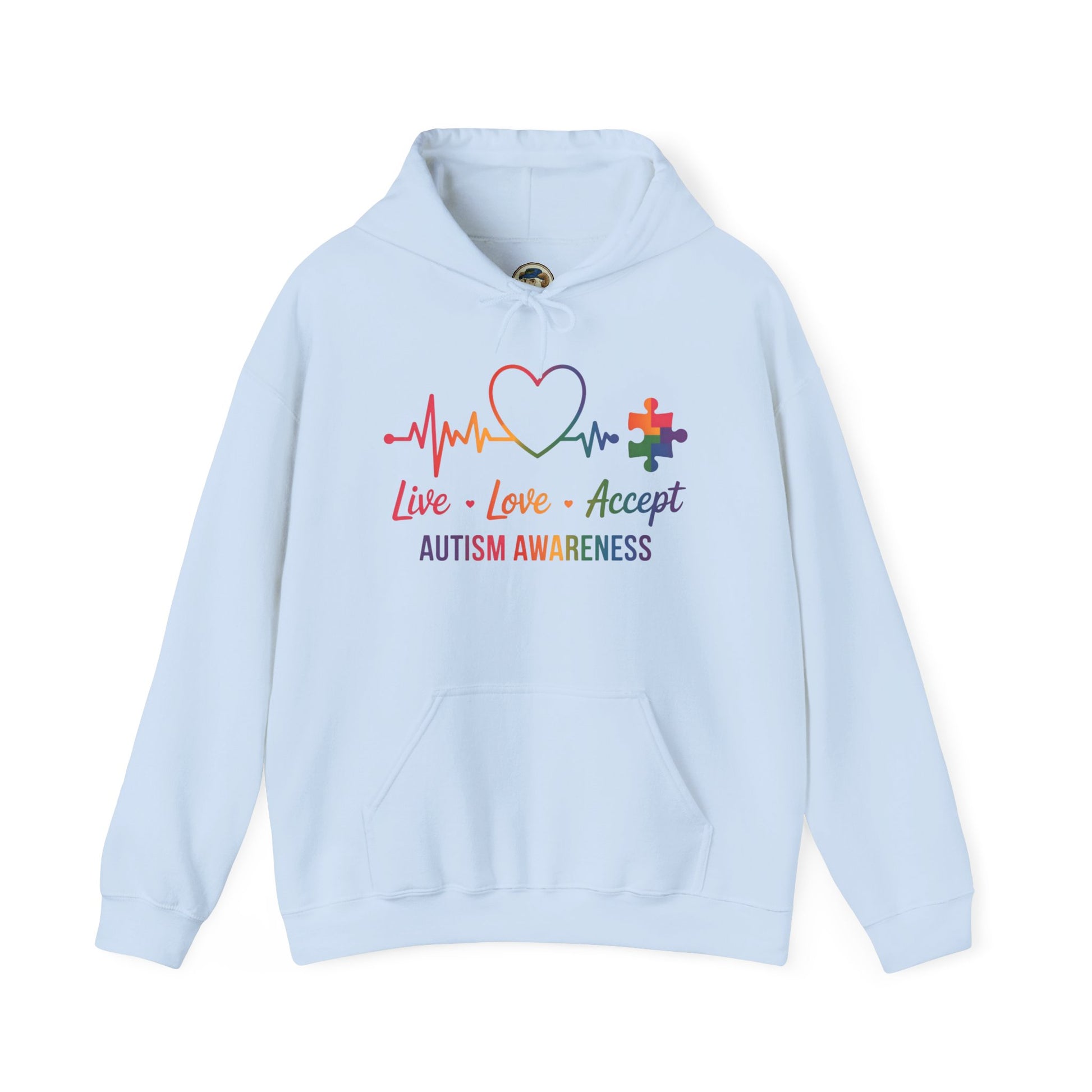 Autism Awareness Hoodie — "Live, Love, Accept" Heartbeat Puzzle-Rainbow - Ramshackle Shack