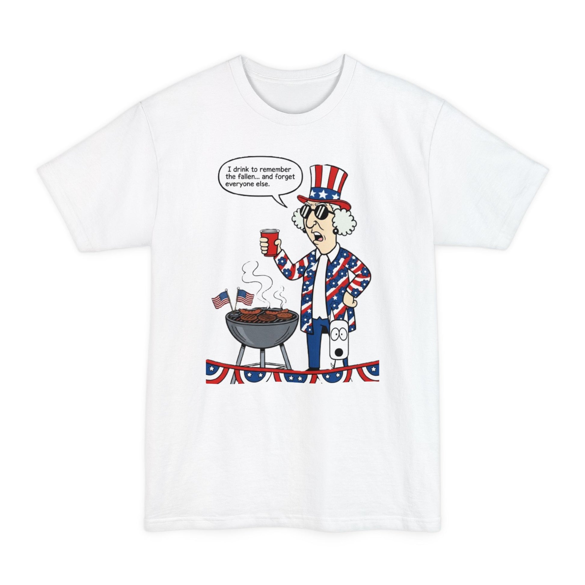 Sassy Max "I Drink to Remember" patriotic funny graphic T-shirt for men, featuring bold red, white, and blue design.