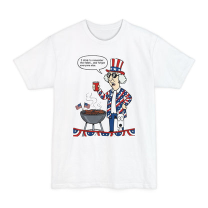 Sassy Max "I Drink to Remember" patriotic funny graphic T-shirt for men, featuring bold red, white, and blue design.