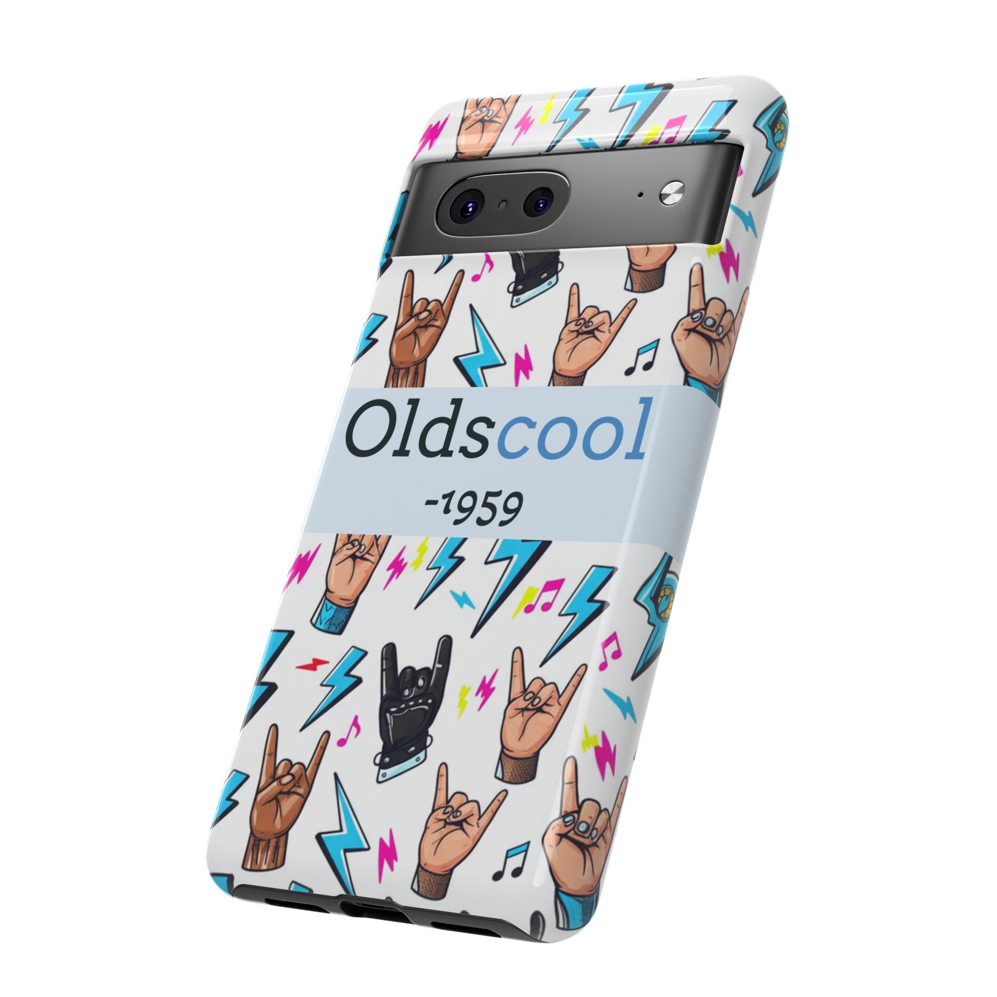 Retro Rock 'Oldscool 1959' Phone Case – Lightning & Rock Hand Pattern - Ramshackle Shack