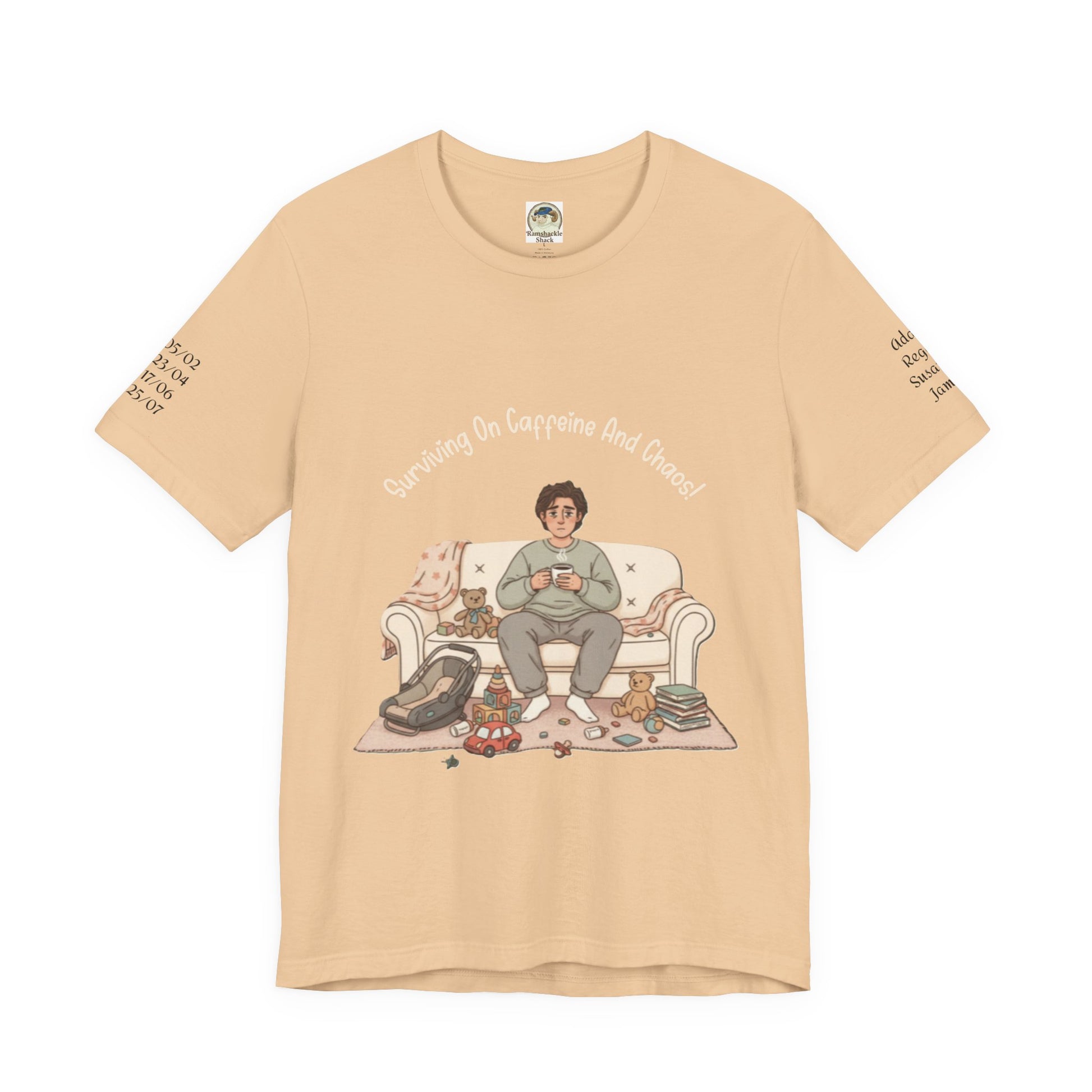 Dad 'Surviving on Caffeine and Chaos' Tee — Custom Names & Dates, 'Believe You Can' Back - Ramshackle Shack