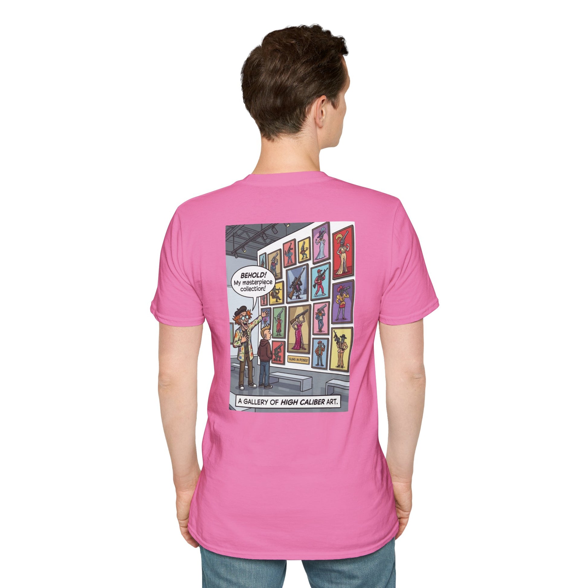 Black T-shirt featuring artwork from "Guns in Poses" gallery, showcasing detailed gun illustrations and artistic design.