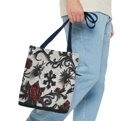 Gothic filigree tote bag with ornate dark floral all-over print, featuring intricate design and spacious bag for daily use.