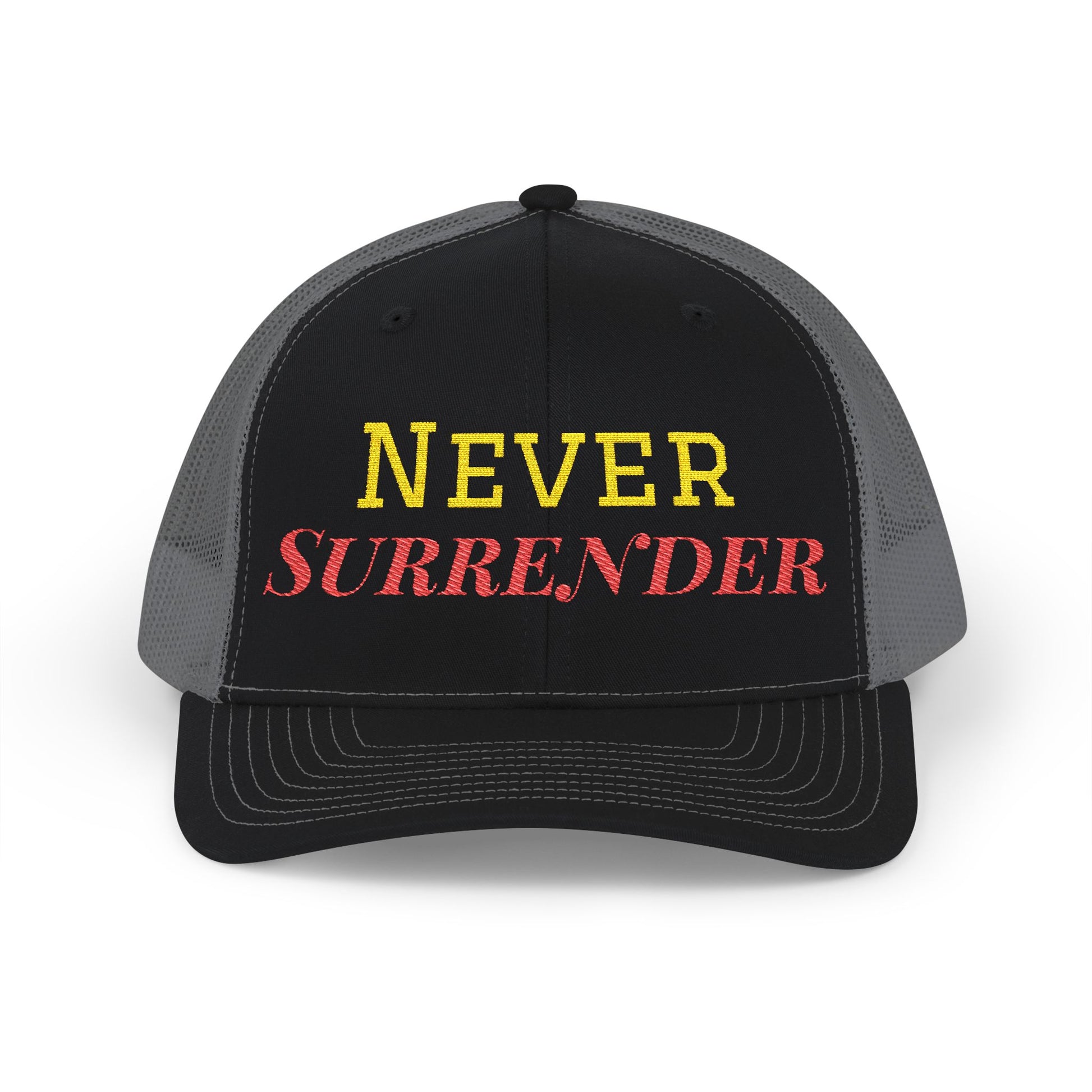 Printify Never Surrender snapback trucker cap with adjustable mesh back and bold front logo, stylish and comfortable hats.