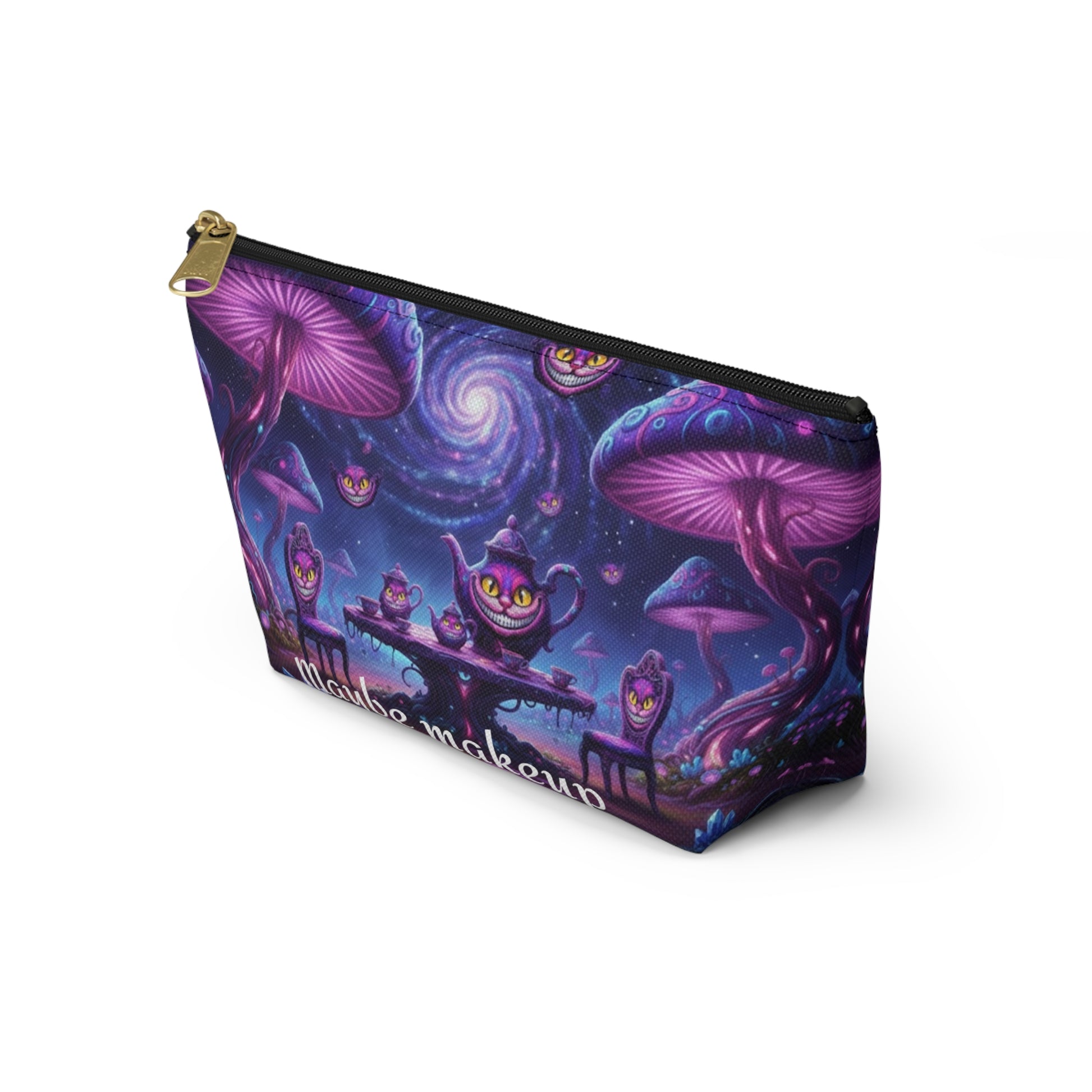 Cheshire Cat mushroom accessory pouch by Printify featuring a whimsical design, suitable for makeup or snacks, with a zipper closure.