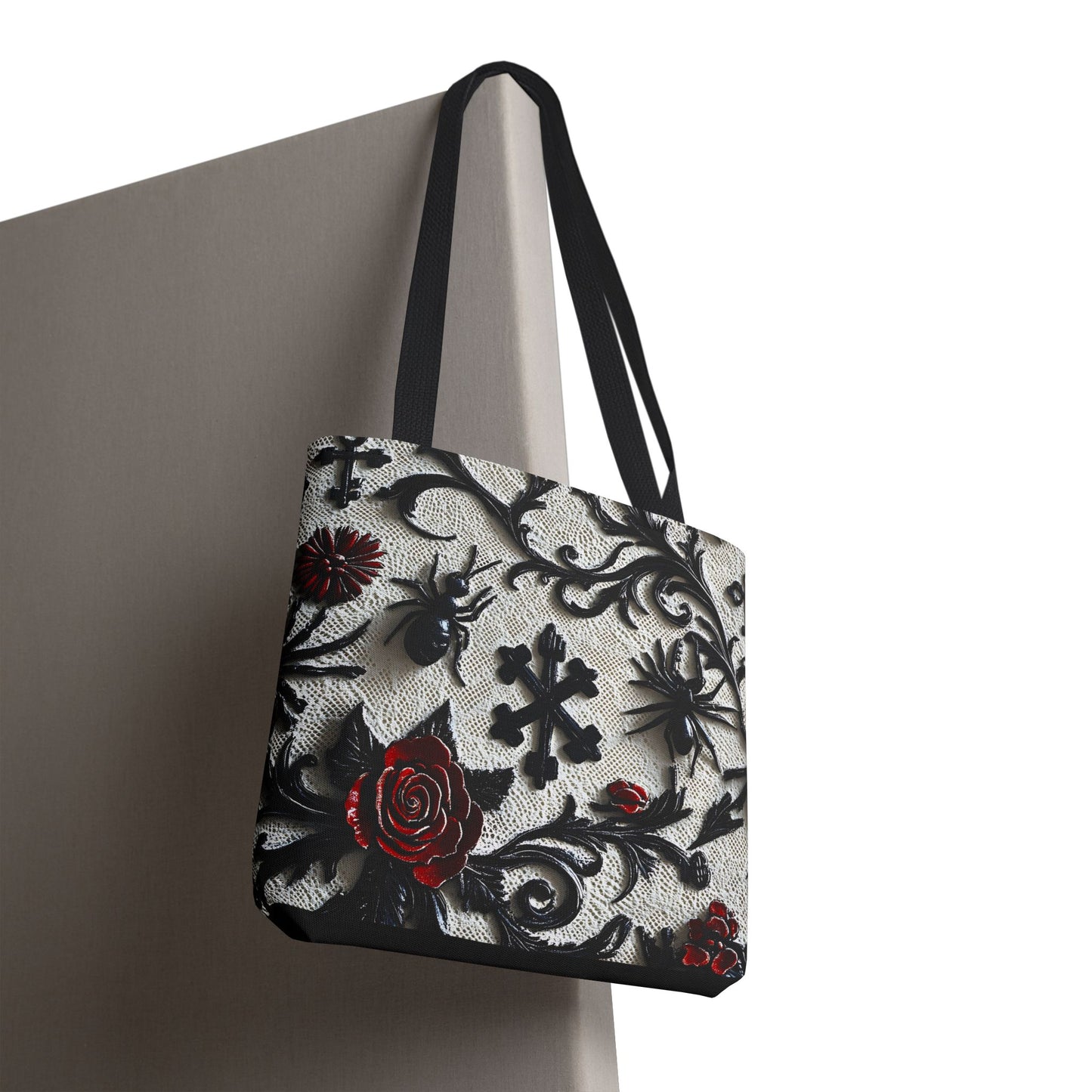 Gothic filigree tote bag with ornate dark floral all-over print, stylish bags by Printify featuring intricate design and spacious interior.