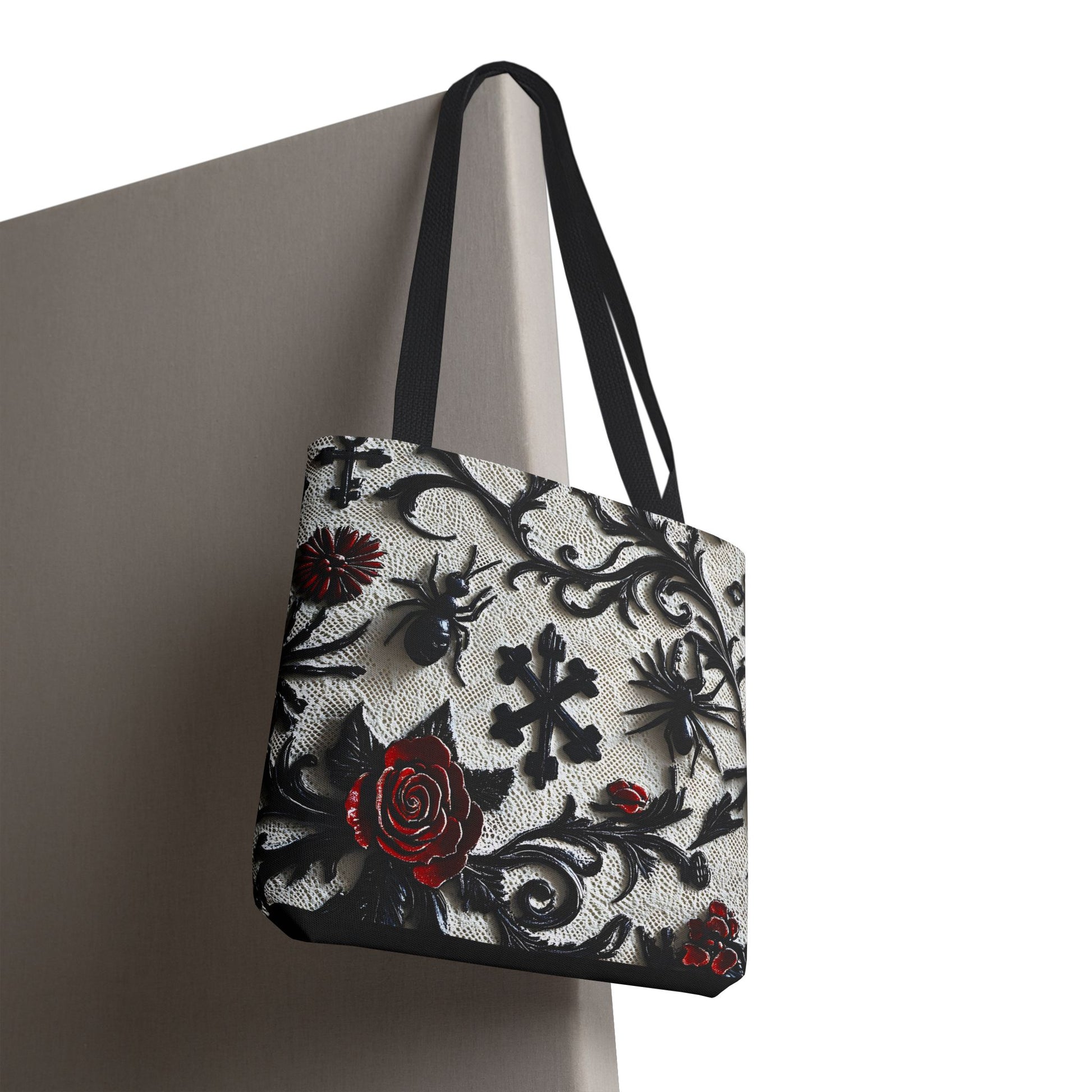 Gothic filigree tote bag with ornate dark floral all-over print, stylish bags by Printify featuring intricate design and spacious interior.