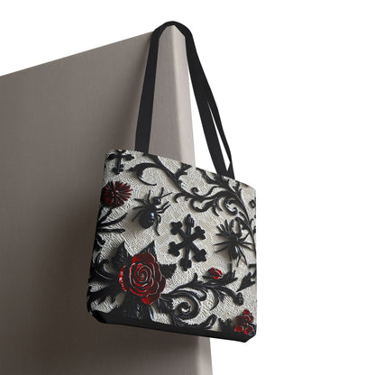 Gothic filigree tote bag with ornate dark floral all-over print, stylish bags by Printify featuring intricate design and spacious interior.