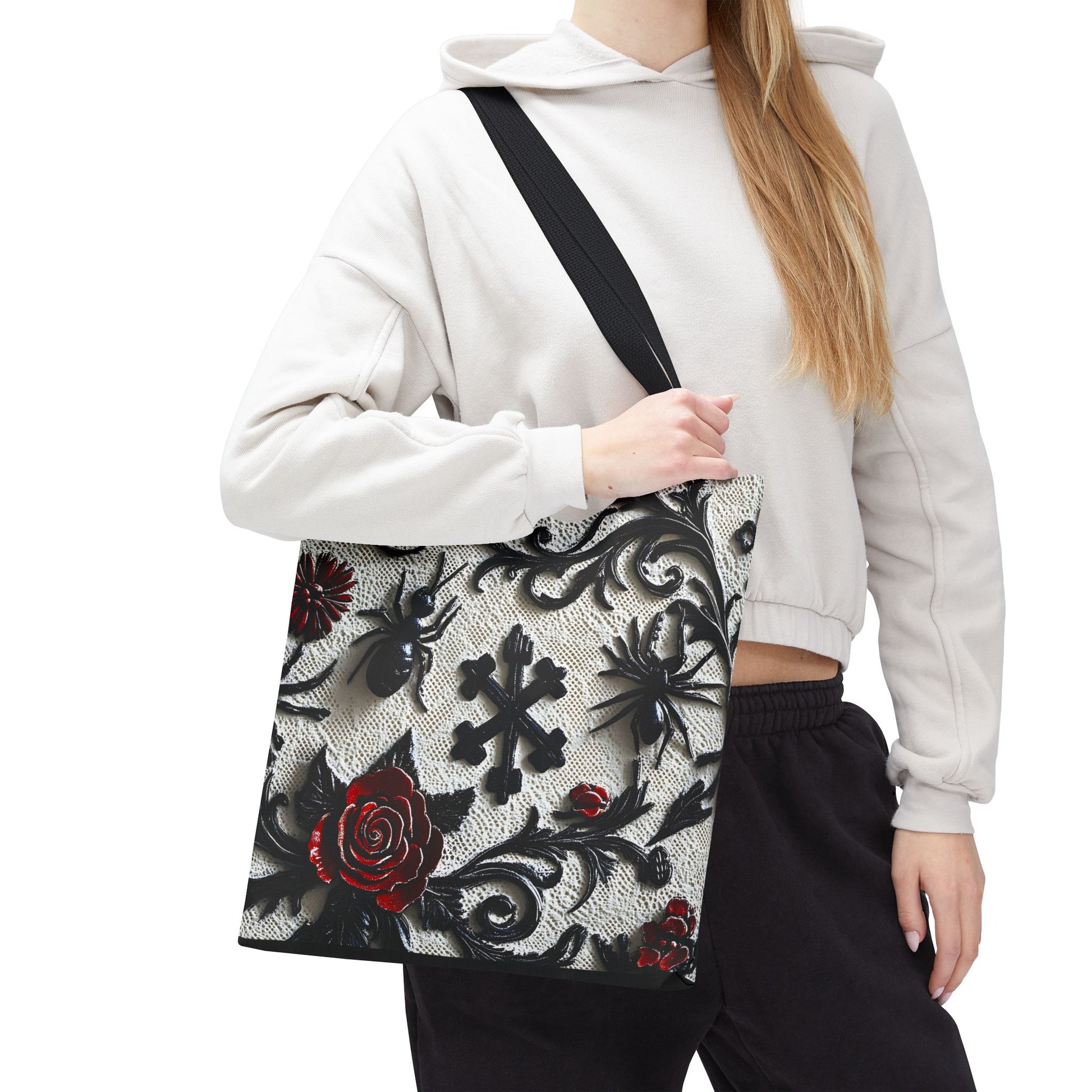 Gothic filigree tote bag with ornate dark floral all-over print, featuring intricate design and spacious bag for everyday use.