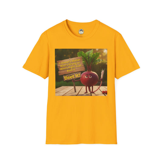 Unisex softstyle T-shirt with a humorous beetroot graphic and "Just Beet It!" slogan, printed by Printify.