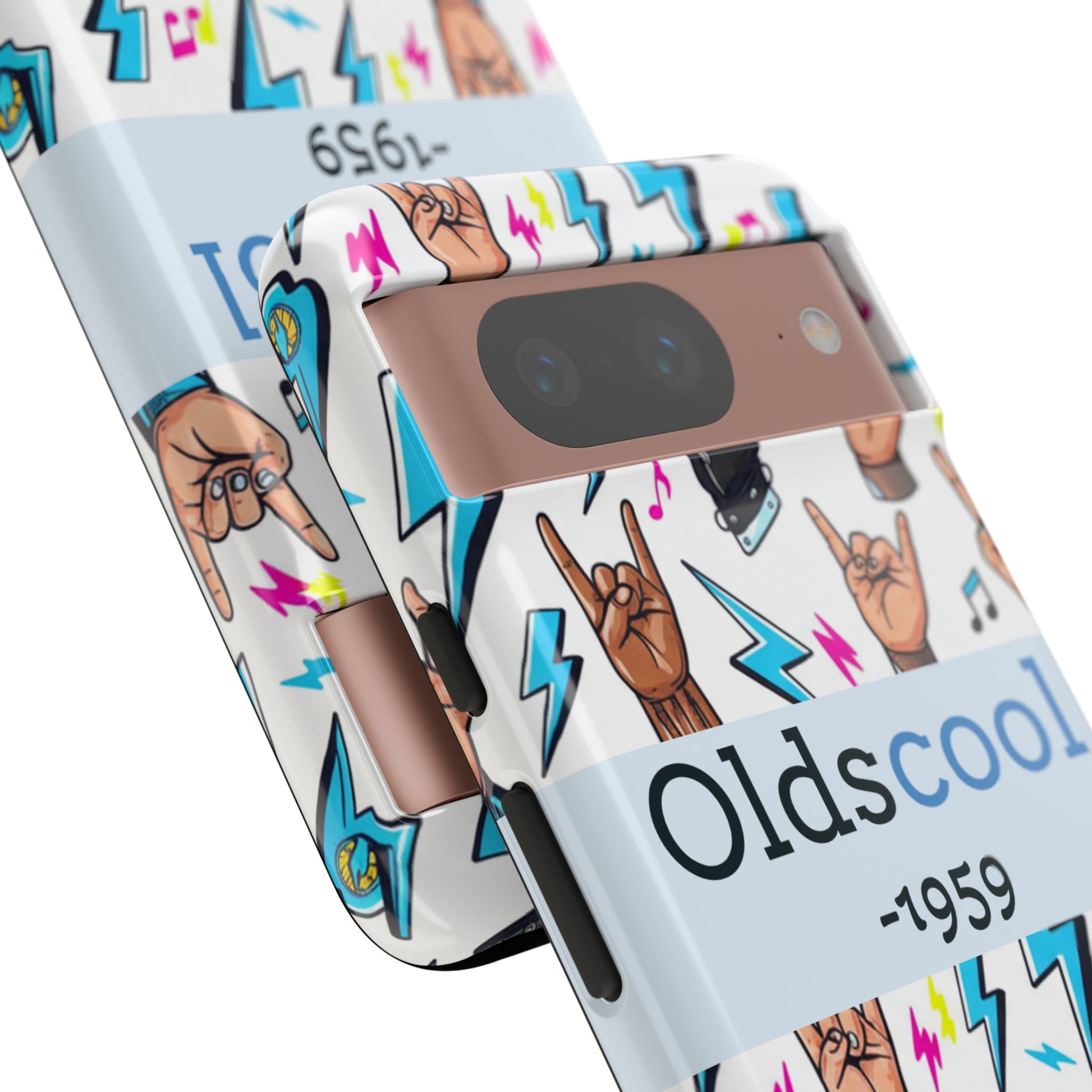 Retro Rock 'Oldscool 1959' Phone Case – Lightning & Rock Hand Pattern - Ramshackle Shack