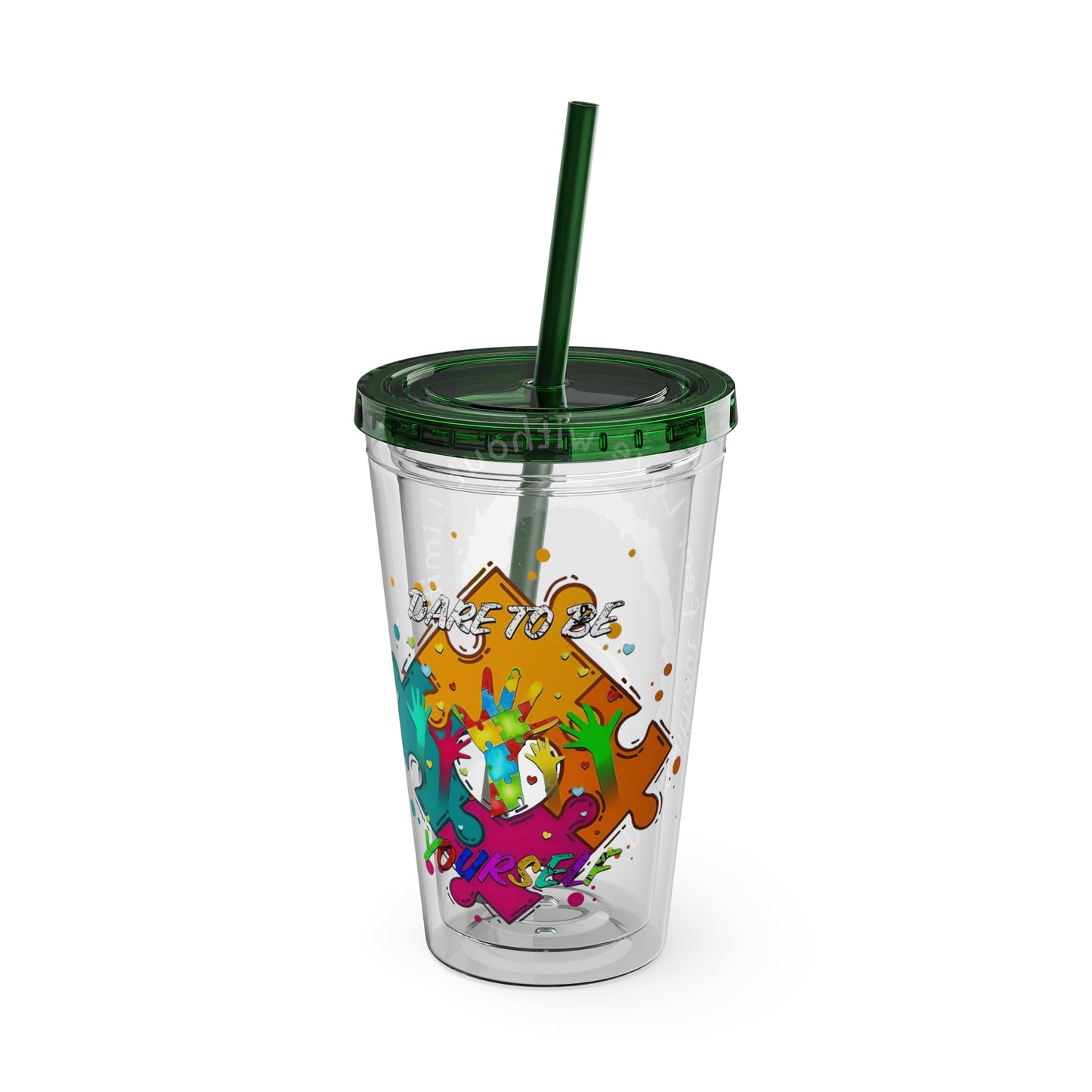 16oz Printify Sunsplash Tumbler featuring watercolor elephant design and paint-splatter puzzle pattern.