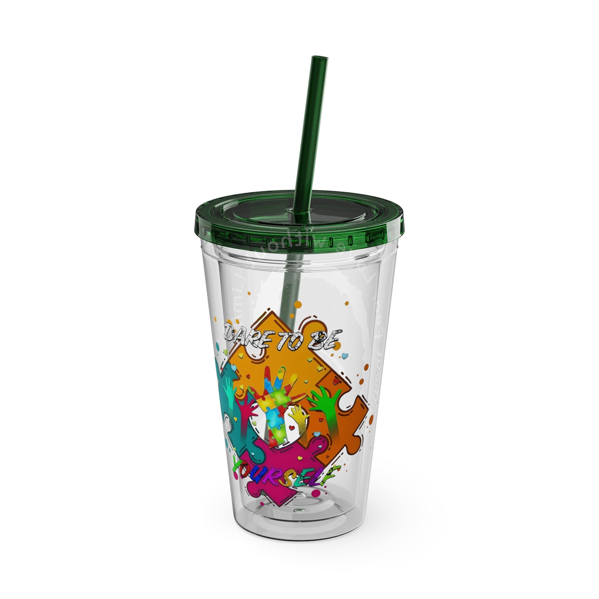 16oz Printify Sunsplash Tumbler featuring watercolor elephant design and paint-splatter puzzle pattern.