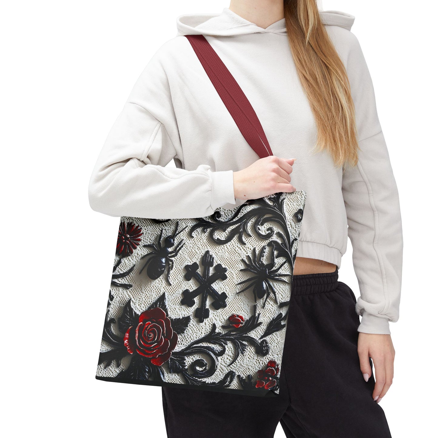 Gothic filigree tote bag with ornate dark floral print, featuring intricate design and sturdy handles, ideal for stylish carrying.