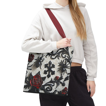 Gothic filigree tote bag with ornate dark floral print, featuring intricate design and sturdy handles, ideal for stylish carrying.