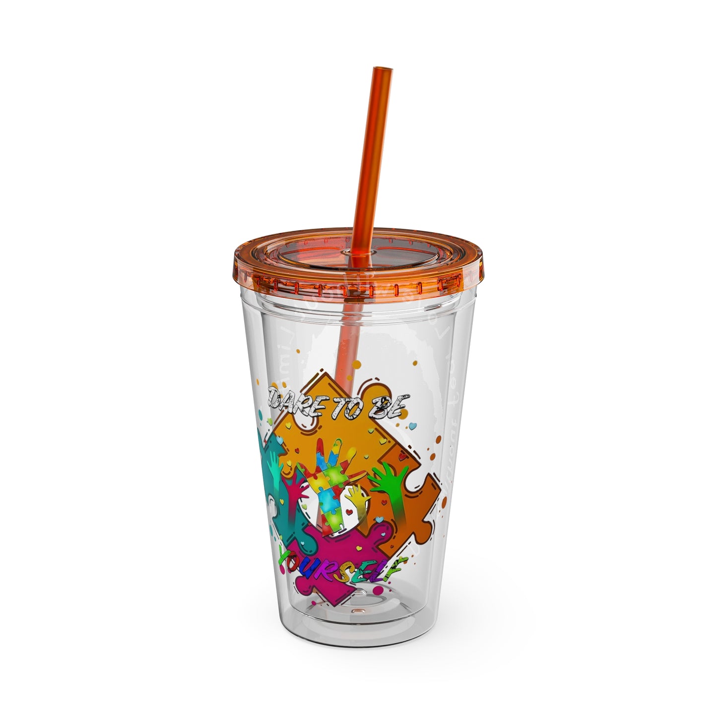 16oz Printify Sunsplash tumbler with straw featuring watercolor elephant and paint-splatter puzzle designs.