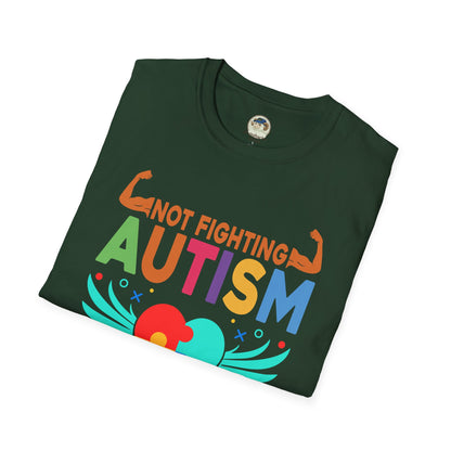 Autism Awareness T-Shirt — "Not Fighting Autism, Working With It" Puzzle Ribbon Tee - Ramshackle Shack