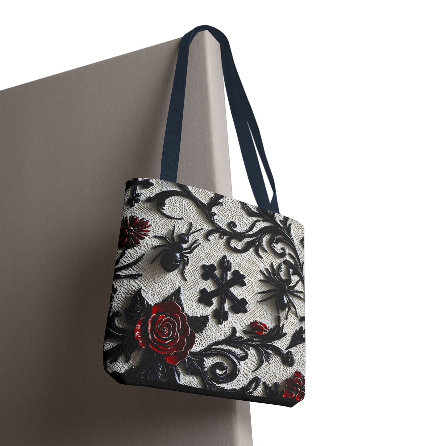 Gothic filigree tote bag with ornate dark floral all-over print, Printify bag featuring intricate design and spacious interior.