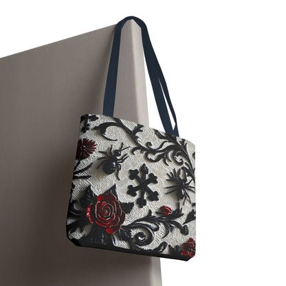 Gothic filigree tote bag with ornate dark floral all-over print, Printify bag featuring intricate design and spacious interior.
