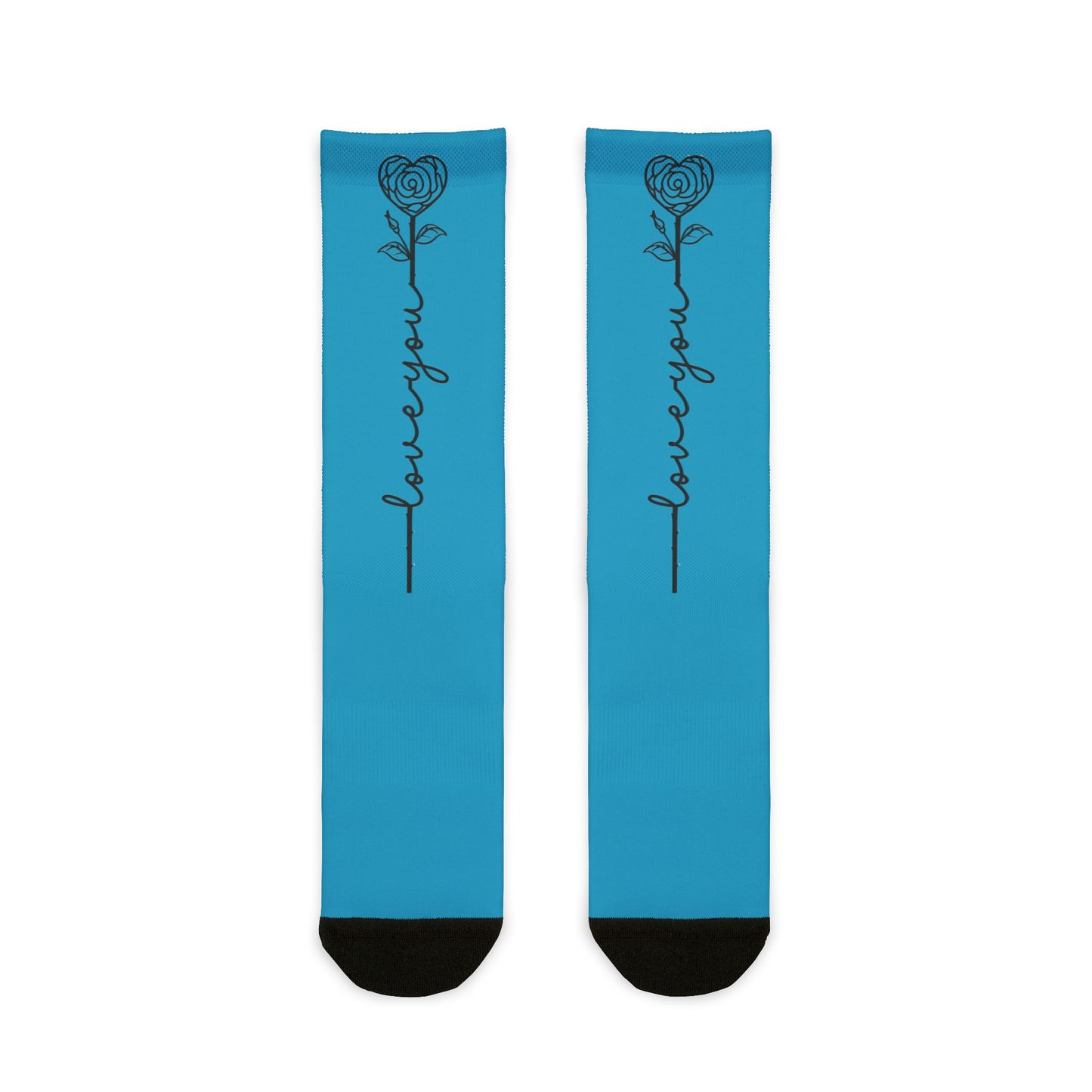 All-over print Love You Rose crew socks by Printify featuring vibrant floral sublimated graphic design.