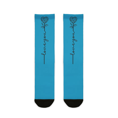 All-over print Love You Rose crew socks by Printify featuring vibrant floral sublimated graphic design.