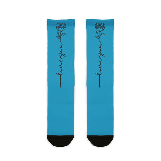 All-over print Love You Rose crew socks by Printify featuring vibrant floral sublimated graphic design.