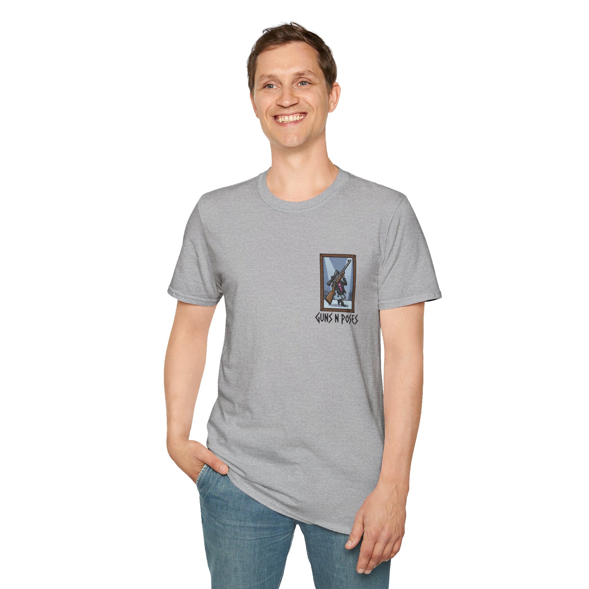 Black t-shirt featuring artwork from "Guns in Poses" gallery, with colorful gun illustrations printed on the front.