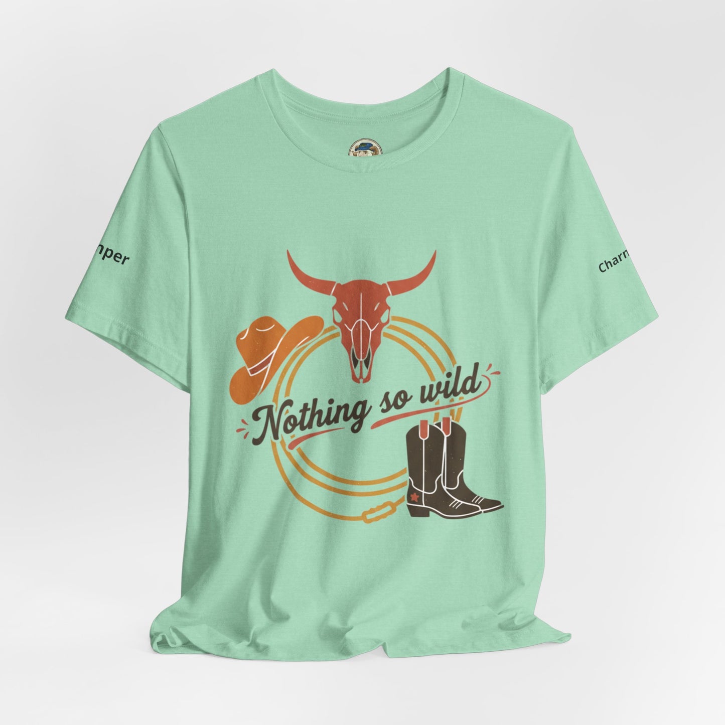 Personalized Nothing So Wild Rider Western Sunset T-Shirt showing a vibrant sunset design and casual fit.