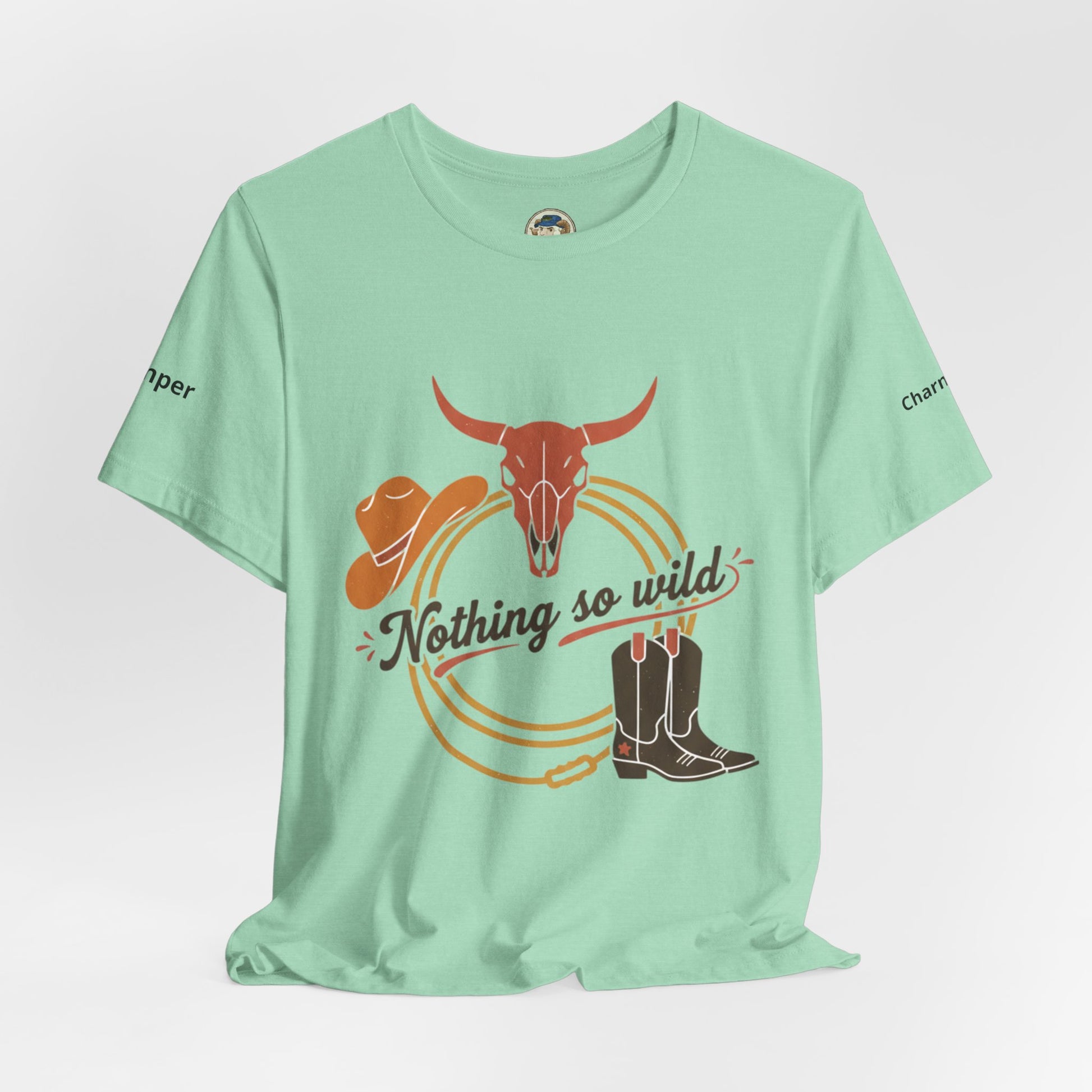 Personalized Nothing So Wild Rider Western Sunset T-Shirt showing a vibrant sunset design and casual fit.