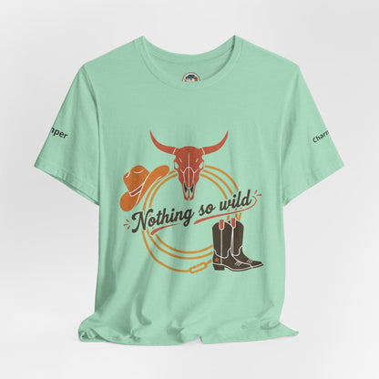 Personalized Nothing So Wild Rider Western Sunset T-Shirt showing a vibrant sunset design and casual fit.