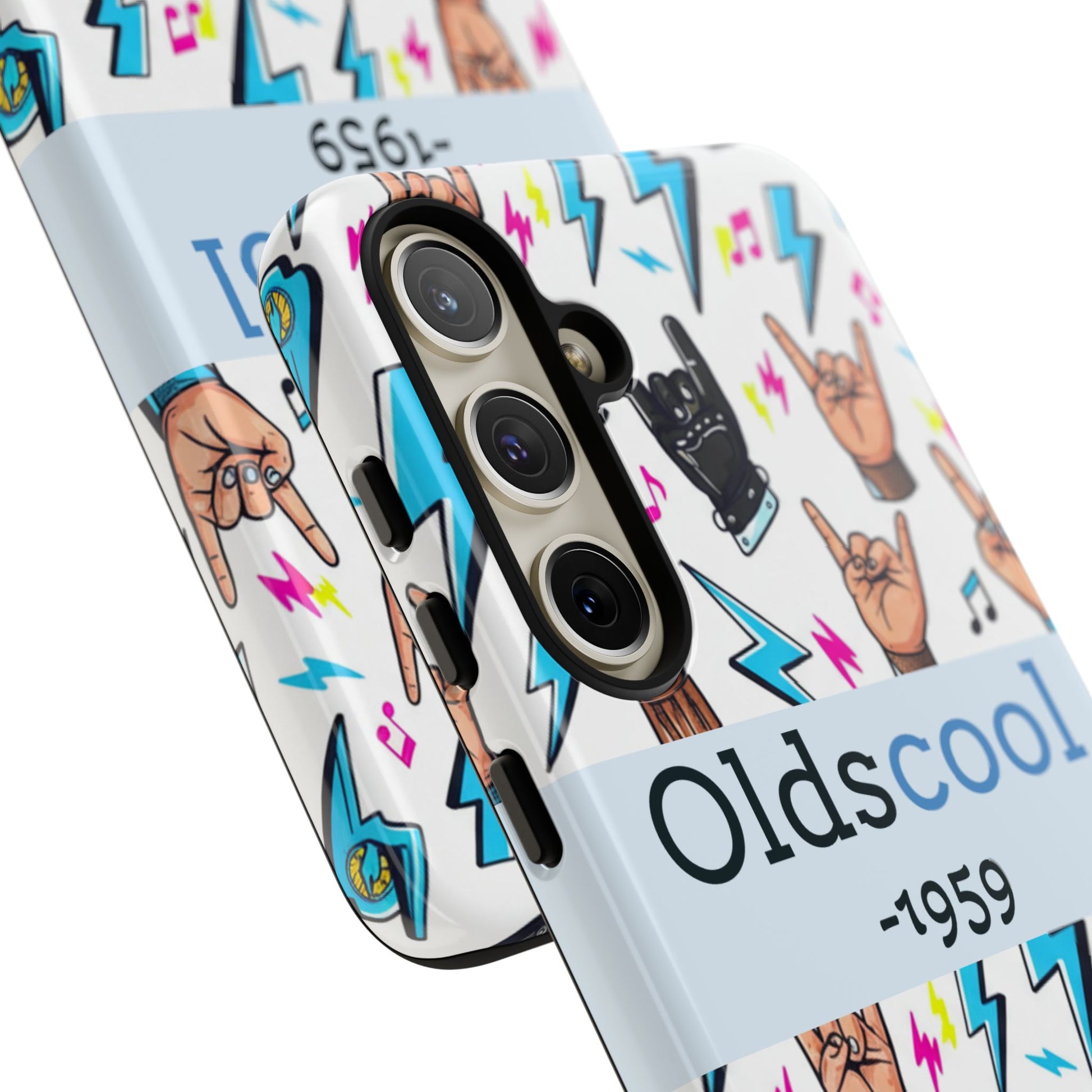 Retro Rock 'Oldscool 1959' Phone Case – Lightning & Rock Hand Pattern - Ramshackle Shack