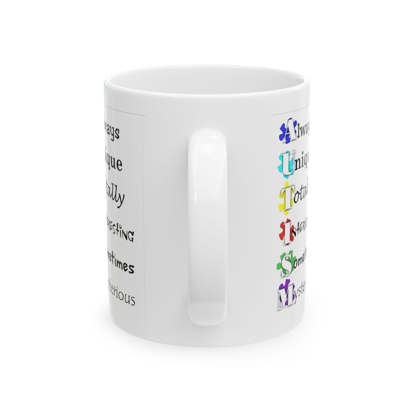 Colorful Crush Autism ceramic mug featuring puzzle piece design for awareness, available in 11oz and 15oz sizes.