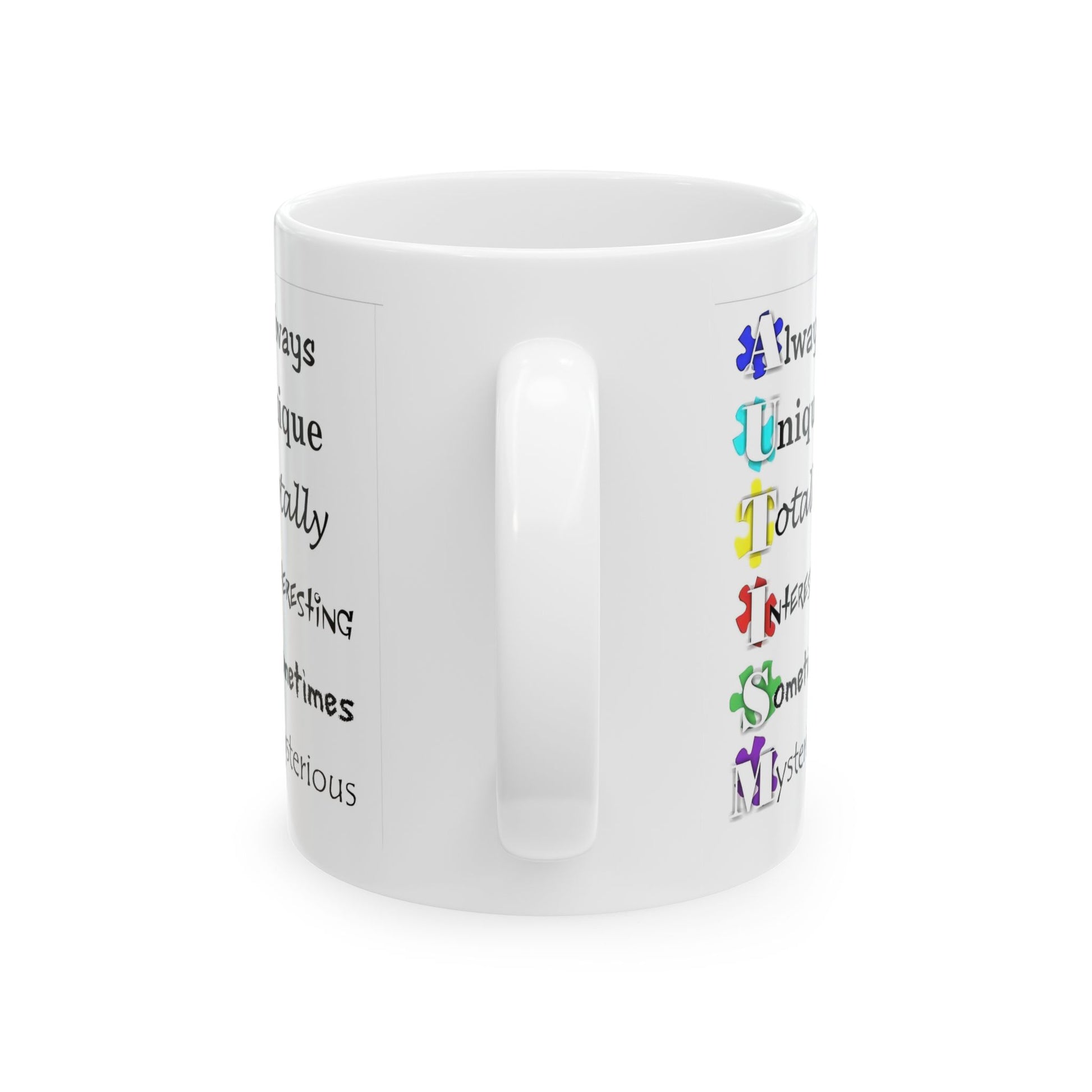 Colorful Crush Autism ceramic mug featuring puzzle piece design for awareness, available in 11oz and 15oz sizes.
