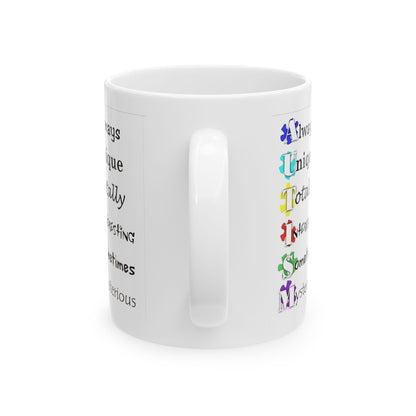Colorful Crush Autism ceramic mug featuring puzzle piece design for awareness, available in 11oz and 15oz sizes.