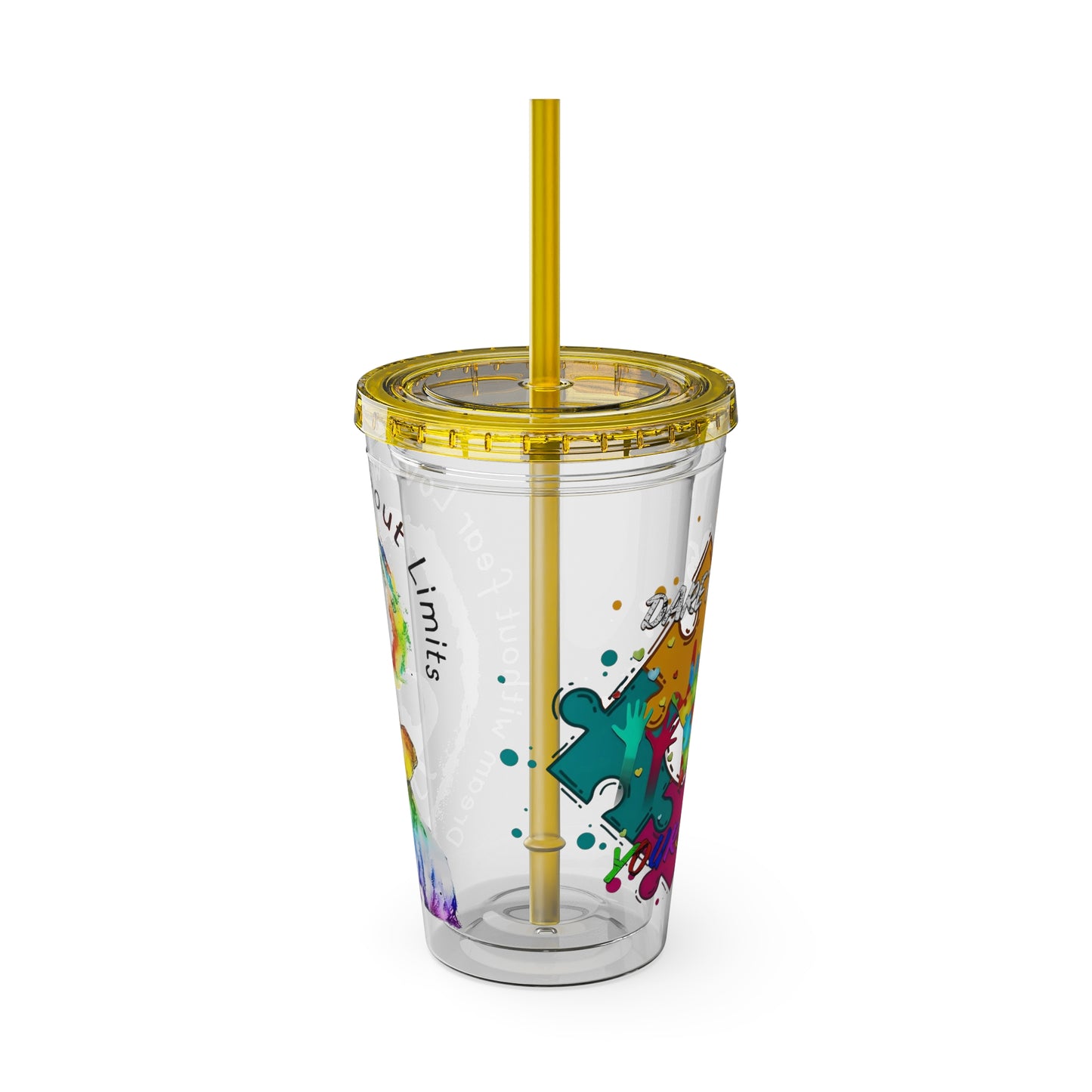16oz Printify Sunsplash Tumbler featuring watercolor elephant design and paint-splatter puzzle with straw.