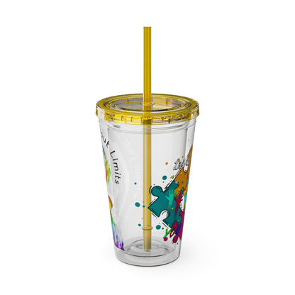 16oz Printify Sunsplash Tumbler featuring watercolor elephant design and paint-splatter puzzle with straw.