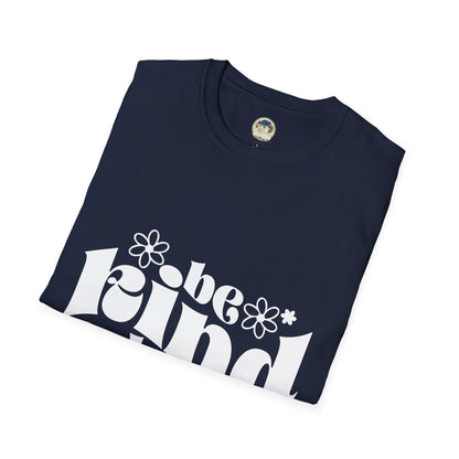 Unisex softstyle T-shirt with "Be Kind Always" and "Don't Be A Dickasaurus" printed design, in black with white lettering.