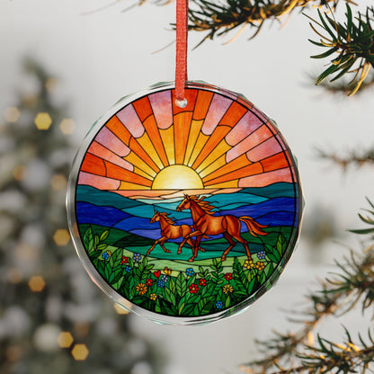 Stained glass mare and foal sunset ornament, colorful home decor piece featuring a detailed horse and foal scene.