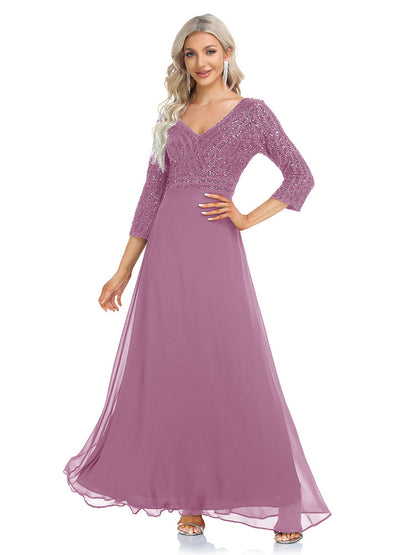 Women's sequined evening dress with chiffon V-neck by Ramshackle Shack, featuring sparkling sequins and a flowing chiffon neckline.