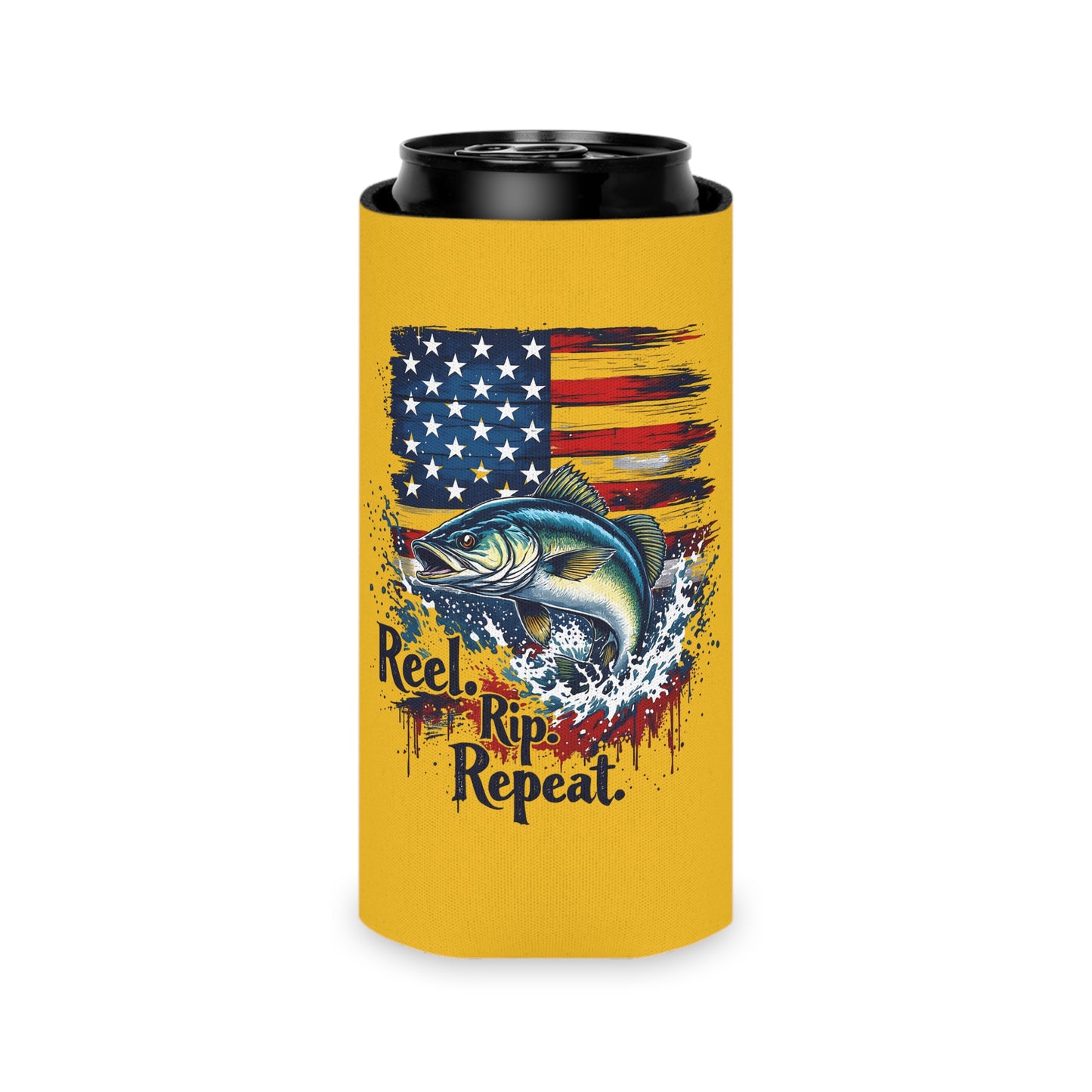 Can Cooler — "Reel, Rip, Repeat" American Flag Jumping Fish - Ramshackle Shack