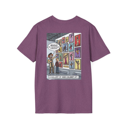 White T-shirt featuring a graphic print of guns in various poses, designed by Printify for the "Guns in Poses" art collection.