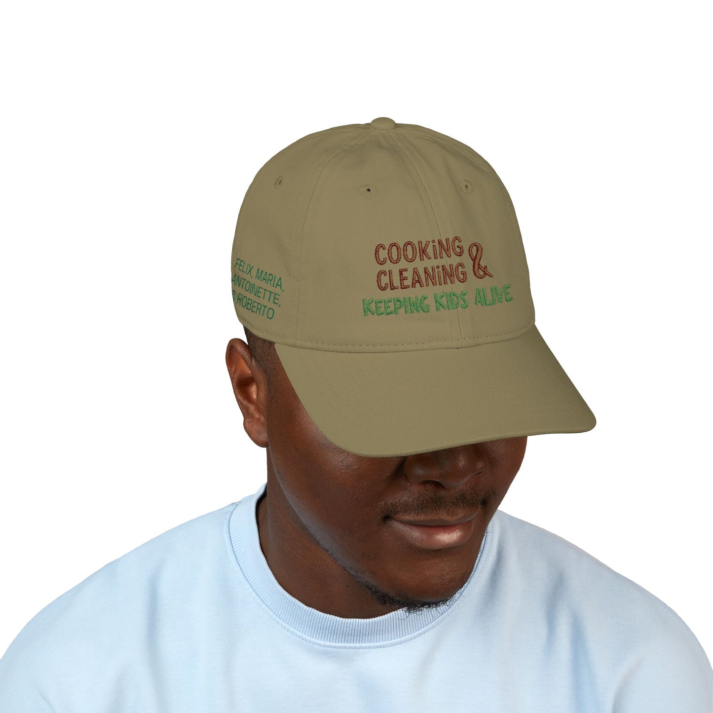 Organic baseball cap with embroidered custom name, featuring playful cooking, cleaning, and kids theme, by Printify.