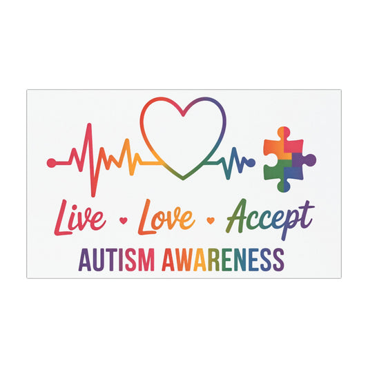 Autism awareness car magnet featuring a rainbow puzzle heart with "Live Love Accept" message, designed for home decor and awareness.