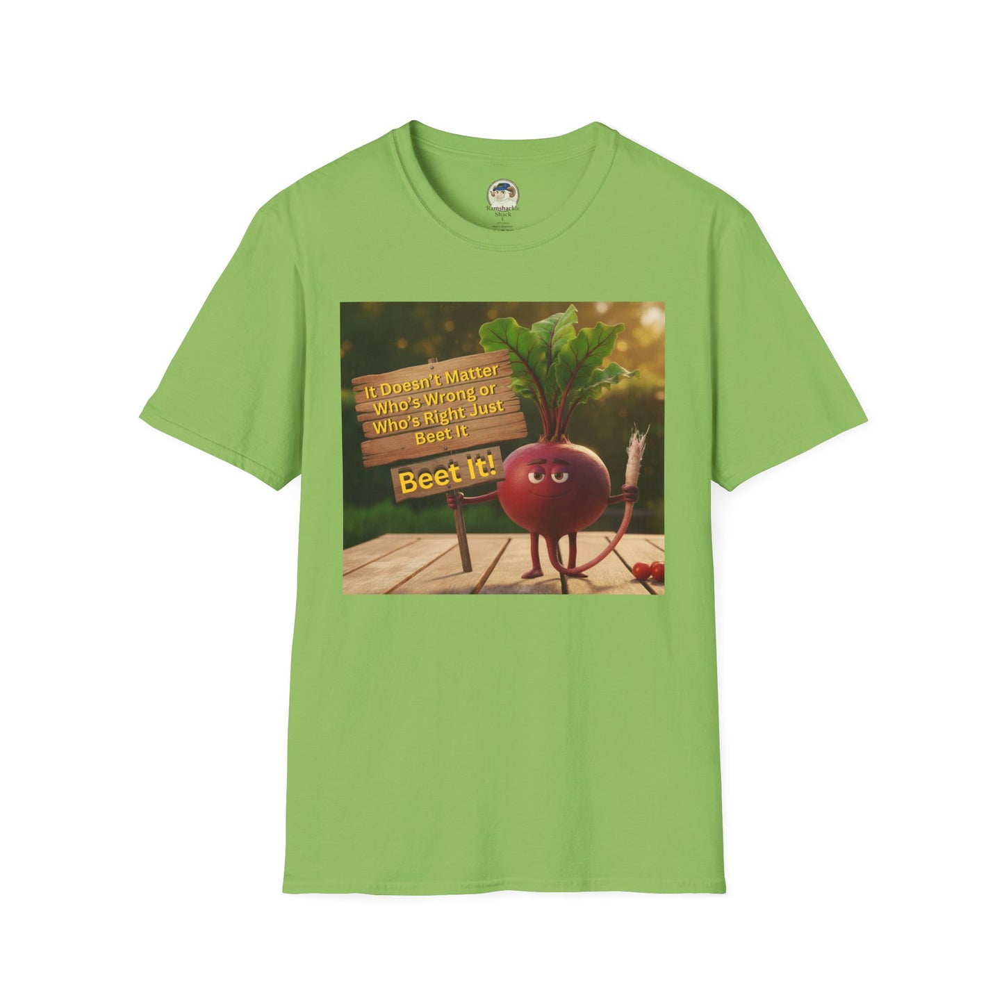 Unisex softstyle T-shirt with humorous beetroot graphic and "Just Beet It!" slogan, by Printify, in a casual fit.