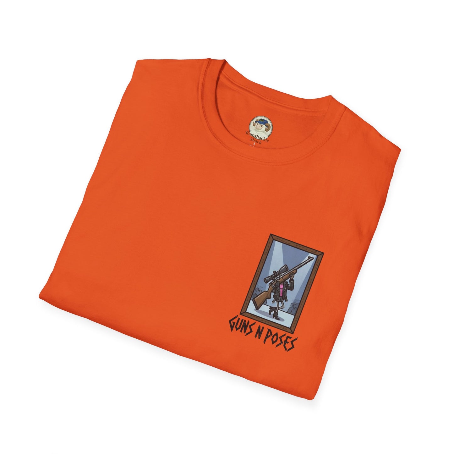 Black T-shirt featuring artwork from "Guns in Poses" gallery, showcasing detailed gun illustrations on the front.