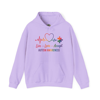 Autism Awareness Hoodie — "Live, Love, Accept" Heartbeat Puzzle-Rainbow - Ramshackle Shack