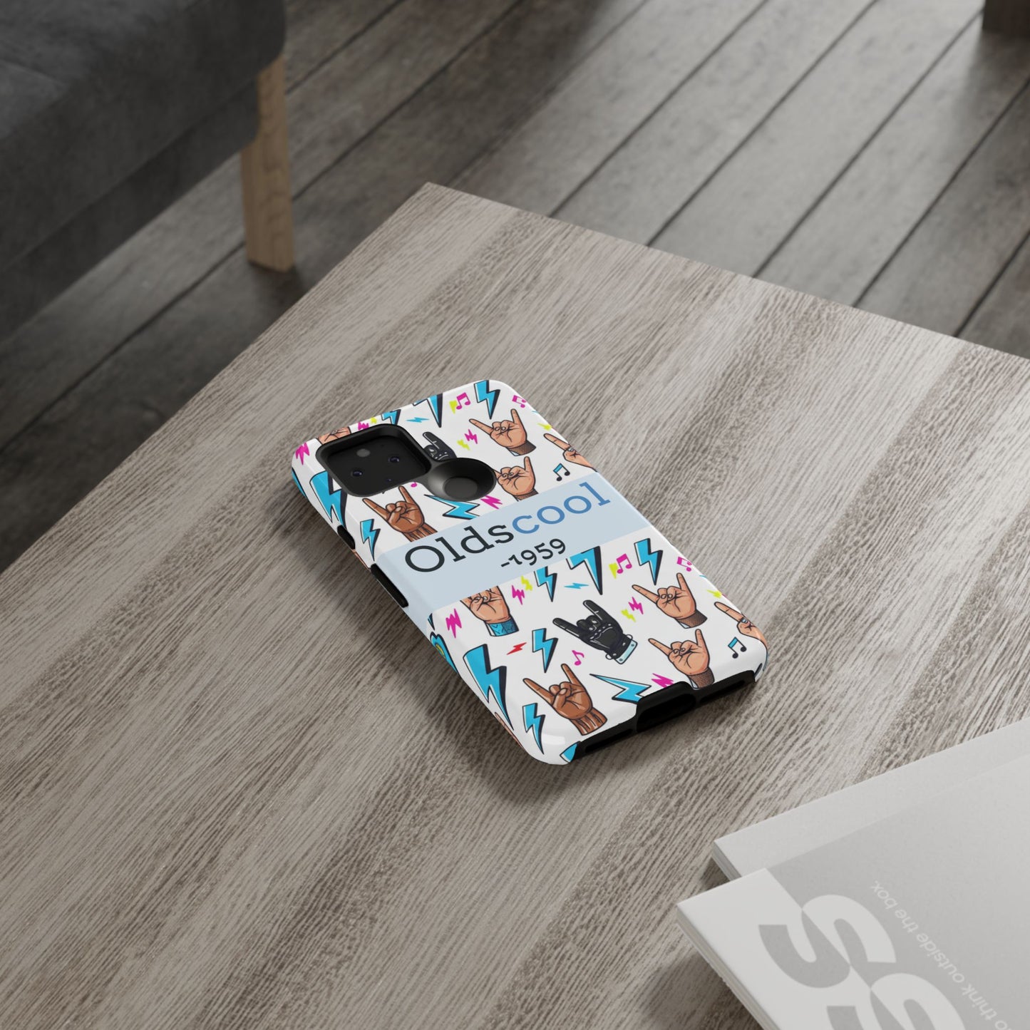 Retro Rock 'Oldscool 1959' Phone Case – Lightning & Rock Hand Pattern - Ramshackle Shack